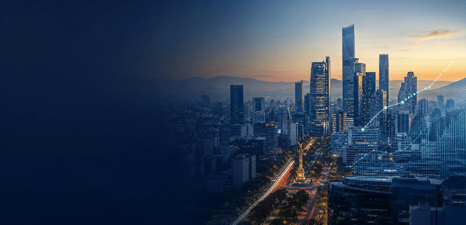 Vista panorámica de un distrito financiero mexicano al amanecer con señales de datos económicos