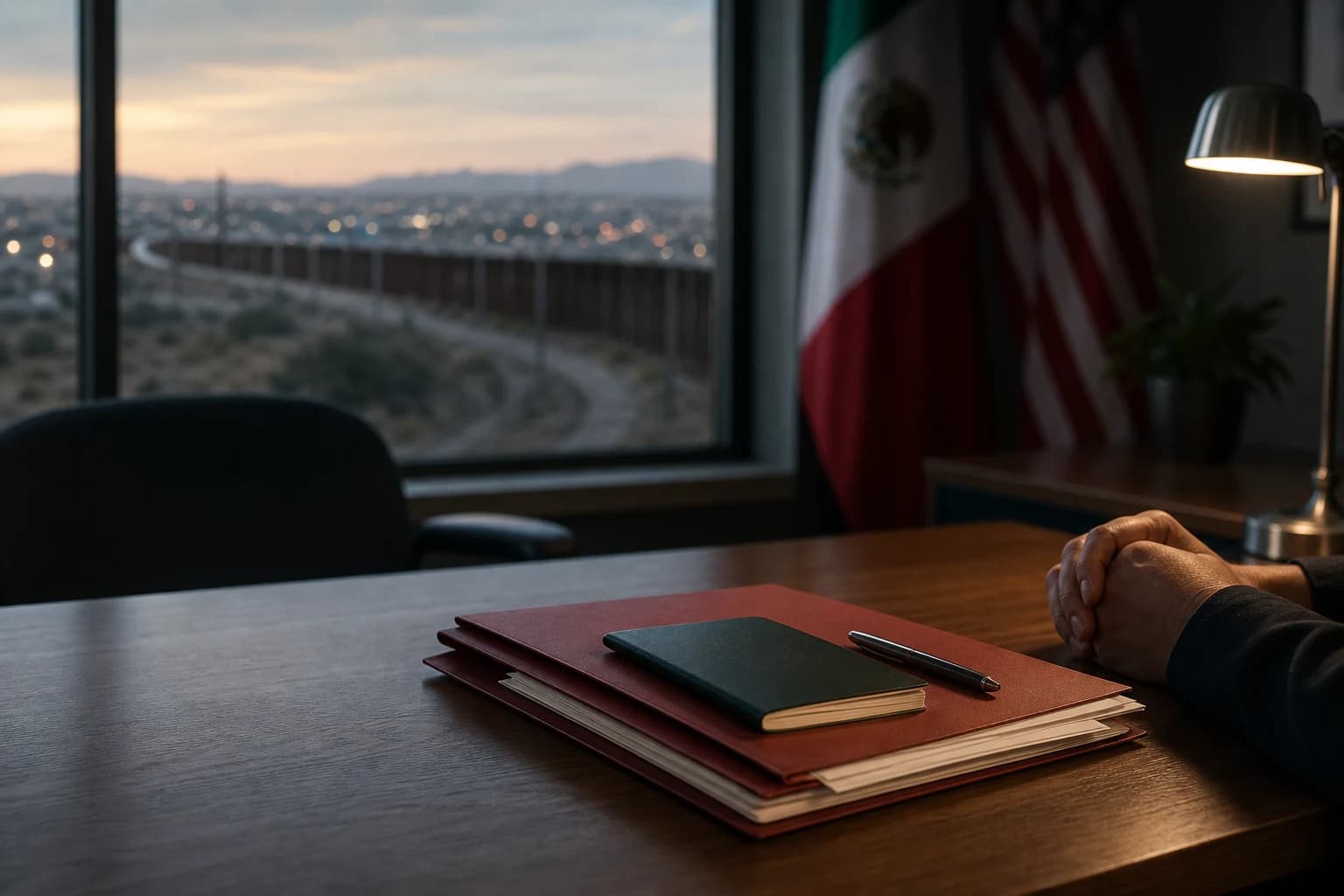 Carpeta de acciones legales en un consulado mexicano, con la frontera al fondo