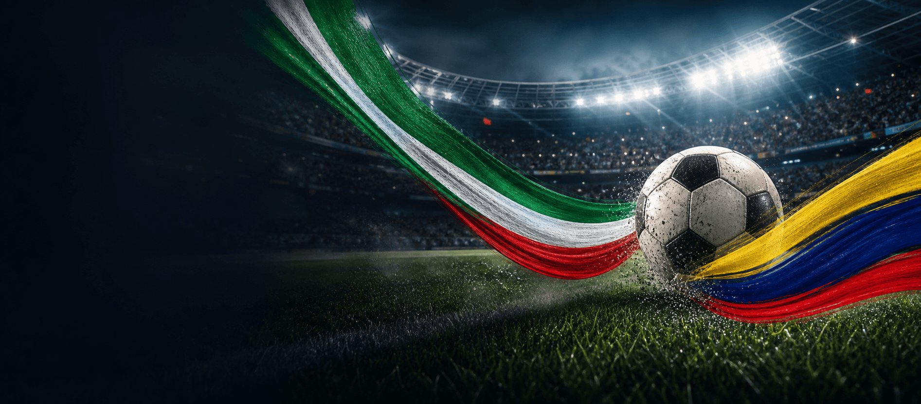 Balón de fútbol en un estadio con colores de México y Ecuador
