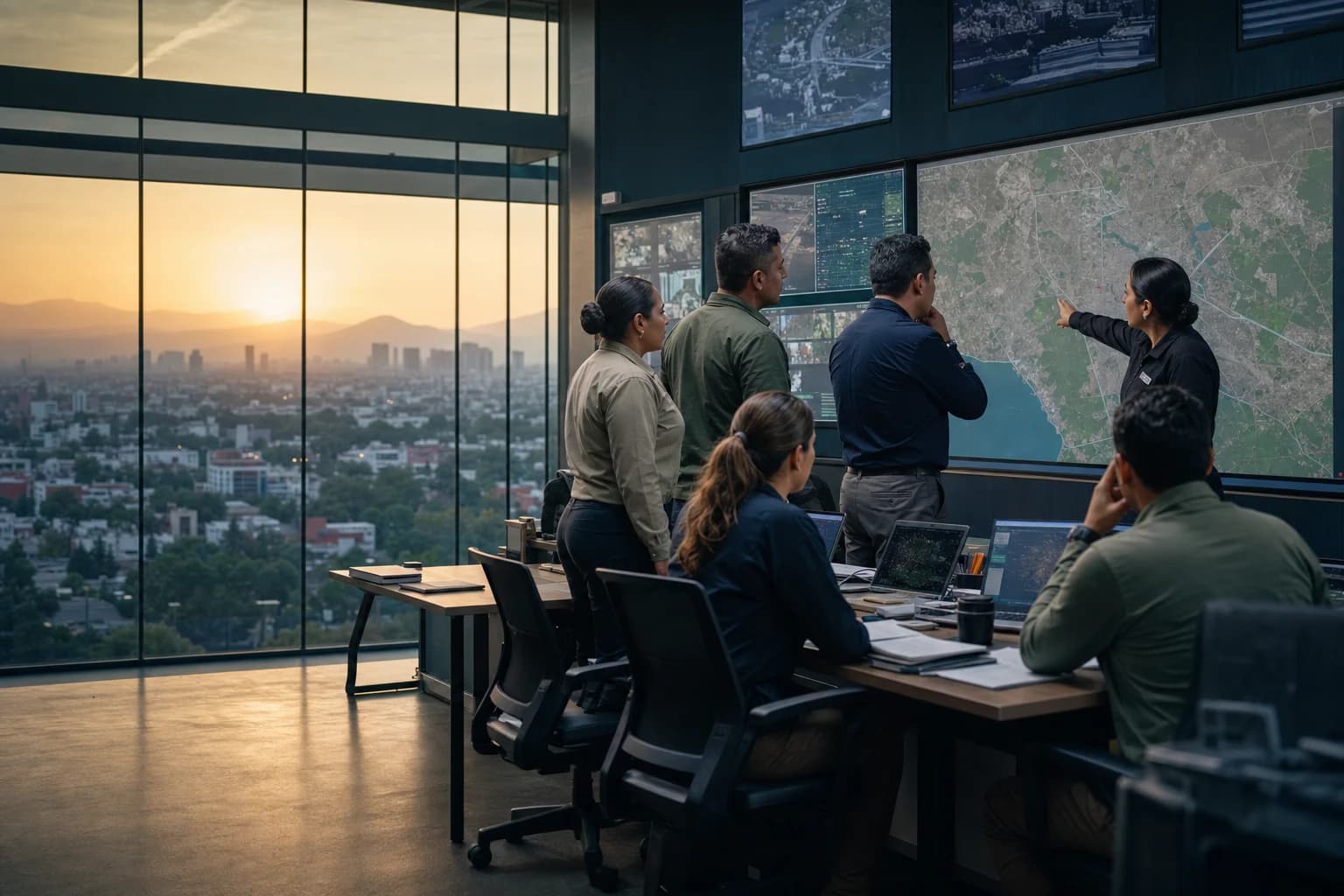 Equipo de coordinación de seguridad revisa un mapa durante una jornada de trabajo