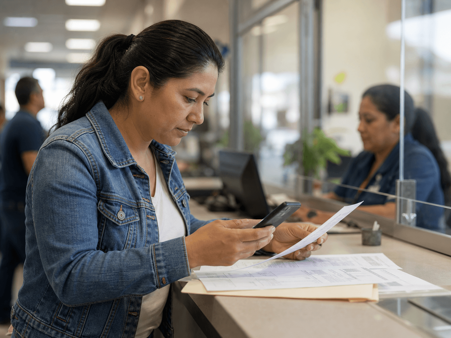 Persona revisando documentos y celular en una ventanilla de servicio