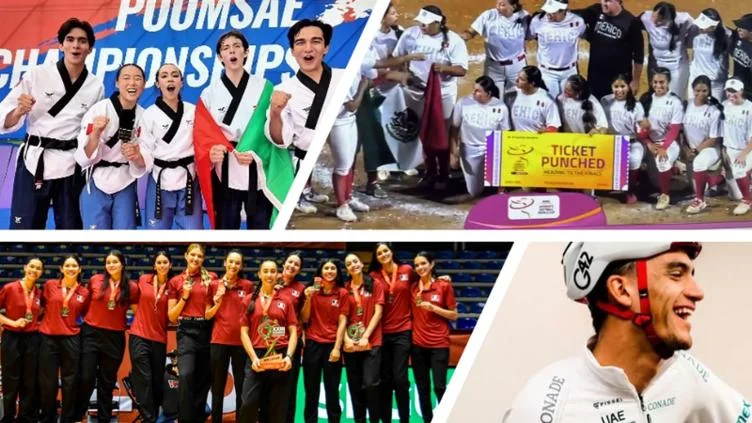 Collage de deportistas mexicanos: taekwondo, softbol, voleibol y ciclismo